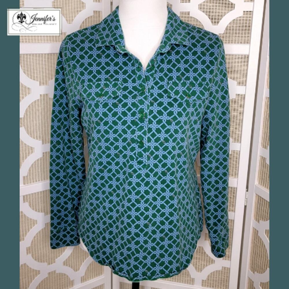 Talbots Green with Blue Belt and Buckle Print Long Sleeve Top Size M
